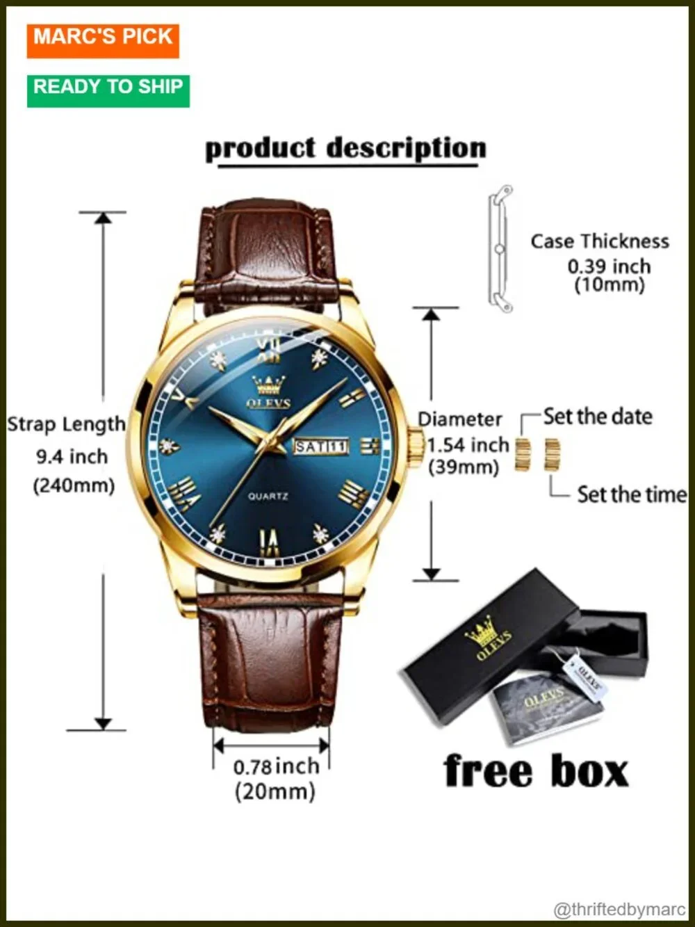 Mens Leather Watch Quartz Brown Band Dress Watch Gold Case Day Date Business